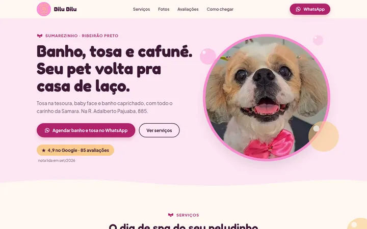 Print do modelo de site da Petshop Bilu Bilu, Ribeirão Preto