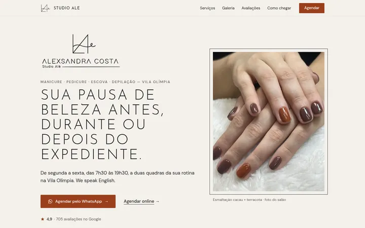Print do modelo de site da Studio Ale, São Paulo